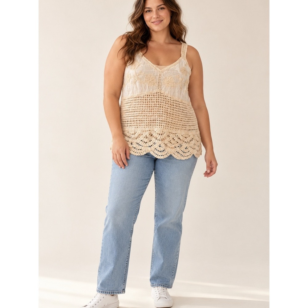 Roommates Cream Embroidered Crochet Tank Top Floral Scallop Hem XL Boho